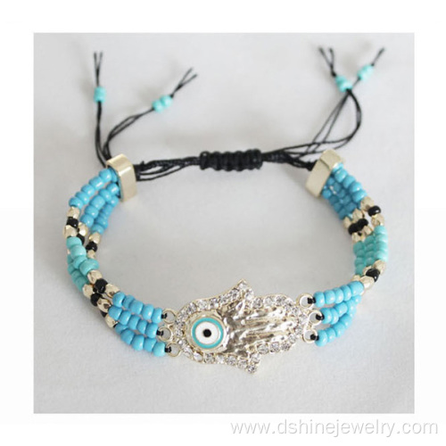 Handmade Adjustable Bead Bracelet With Hamsa Lucky Eye Charm